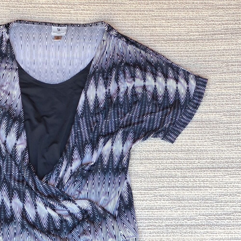 WORTHINGTON STRETCH WOMEN M BLACK BLUE IKAT CHEVRON SURPLICE FAUX WRAP BLOUSE - Picture 7 of 10